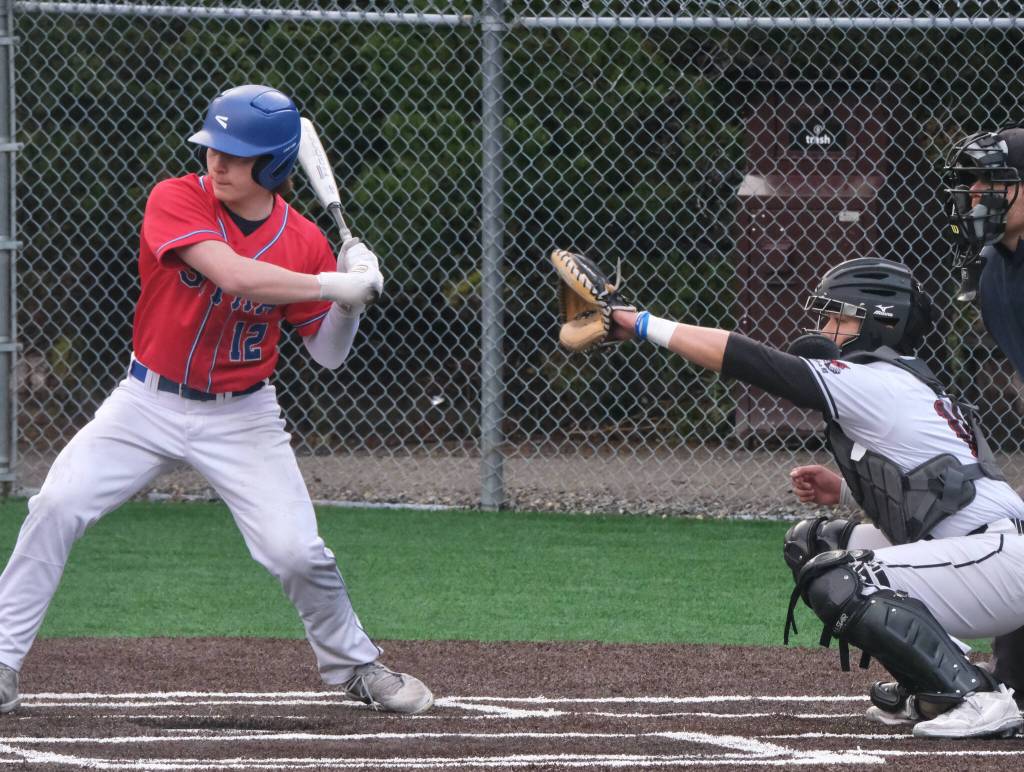 Sitka Wolves junior Caleb Calhoun bats against Juneau-Douglas High School: Yadaa.at Kalé during a game April 25 at Adair Kennedy Memorial Park. (Klas Stolpe / Juneau Empire)