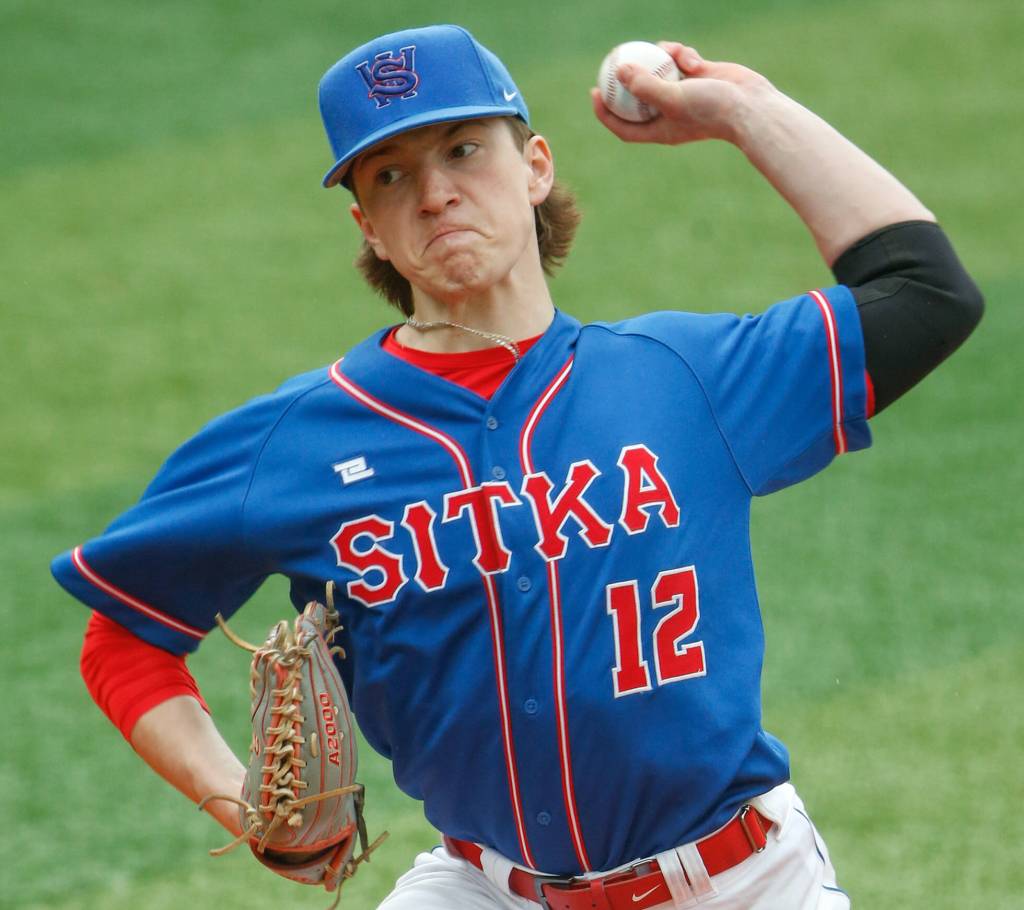 Sitka junior Caleb Calhoun pitched a perfect game, striking out all 15 batters he faced in a 24-0, five-inning Sitka win over Kayhi at Norman Walker Field on Saturday. (Photo by Christopher Mullen / Ketchikan Daily News)