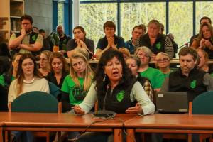 Lupita Alvarez, a teacher at Montessori Borealis Childrens House, testifies at a Juneau Board of Education meeting on Tuesday, May 13, 2025. (Jasz Garrett / Juneau Empire)