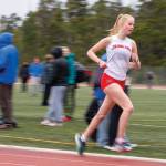 Juneau-Douglas High School: Yadaa.at Kalé's Ida Meyer runs in the girls' 3,200 meter, finishing third during the Ketchikan Invitational at Esther Shea Field on Friday. (Christopher Mullen/ Ketchikan Daily News)