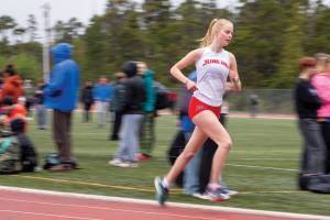Juneau-Douglas High School: Yadaa.at Kalé's Ida Meyer runs in the girls' 3,200 meter, finishing third during the Ketchikan Invitational at Esther Shea Field on Friday. (Christopher Mullen/ Ketchikan Daily News)