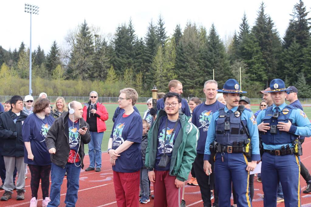 Participants gather at the starting point for the annual Alaska Law Enforcement Torch Run at Thunder Mountain Middle School on Saturday, May 17, 2025. (Ellie Ruel / Juneau Empire)