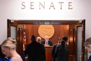 Senate President Gary Stevens, R-Kodiak, prepares to open the Alaska Senates floor session on Friday, May 2, 2025. (James Brooks/Alaska Beacon)
