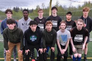 The Juneau-Douglas High School: Yadaa.at Kalé Crimson Bears boys soccer team seniors will be honored at 7 p.m. Saturday on the Adair Kennedy Memorial Park pitch with a game against Wasilla to follow. The seniors are, front row left-to-right, Caden Haygood, Kellen Chester, Kai Ciambor, Cole Reel and Malcolm Bahn. Back l-r are Ryan Thibodeau, Ahmir Parker, Owen Rumsey, Nate Brennell, Matthew Plang and Reed Maier. Not pictured is exchange student David Kresina. (Klas Stolpe / Juneau Empire)