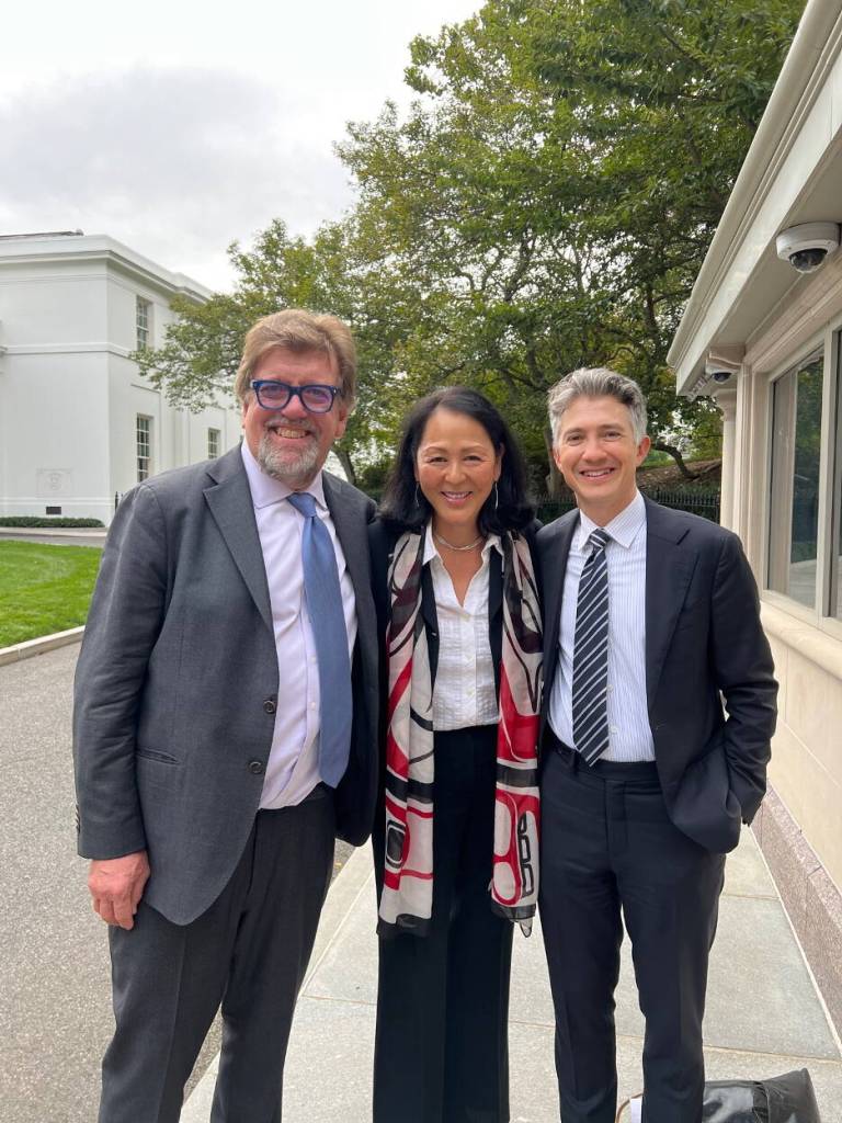 Leslie Ishii, Perseverance Theatres artistic director, after a meeting at the White House with artistic directors Oskar Eustis of the The Public Theatre and Christopher Moses of the Alliance Theatre. (Photo provided by Leslie Ishii)