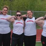 Juneau-Douglas High School: Yadaa.at Kalés Maxie Lehauli, Ayla Keller, Meliame Tupou and Issy Martin swept the DI girls shot put during the Region V Track & Field Championships Friday at Thunder Mountain Middle School. (Klas Stolpe / Juneau Empire)