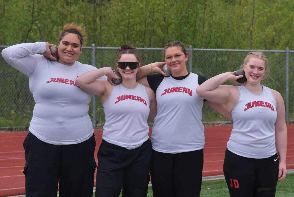 Juneau-Douglas High School: Yadaa.at Kalés Maxie Lehauli, Ayla Keller, Meliame Tupou and Issy Martin swept the DI girls shot put during the Region V Track & Field Championships Friday at Thunder Mountain Middle School. (Klas Stolpe / Juneau Empire)