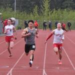 Ketchikans Jason Lorig wins the boys 100 meters during the Region V Track & Field Championships at Juneaus Thunder Mountain Middle School on Friday. (Klas Stolpe / Juneau Empire)