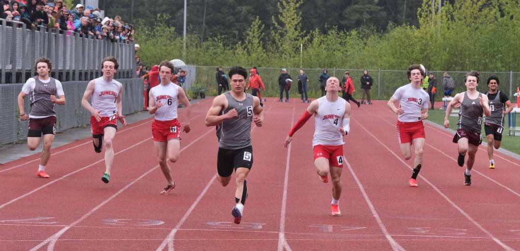 Ketchikans Jason Lorig wins the boys 100 meters during the Region V Track & Field Championships at Juneaus Thunder Mountain Middle School on Friday. (Klas Stolpe / Juneau Empire)