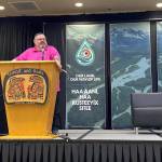Chalyee Éesh Richard Peterson, president of the Central Council of the Tlingit and Haida Indian Tribes of Alaska, gives a talk in Juneau at a conference about mining in transboundary watersheds. (Max Graham/Grist)
