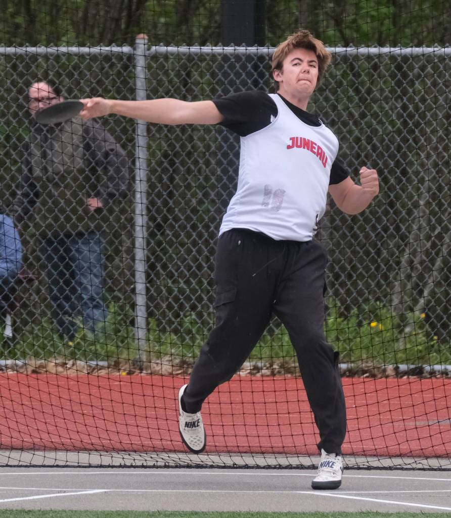 Juneau-Douglas High School: Yadaa.at Kalé senior Gunnar Tarver wins the Division I boys discus during the Region V Track & Field Championships at Thunder Mountain Middle School on Saturday (Klas Stolpe / Juneau Empire)