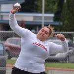 Juneau-Douglas High School: Yadaa.at Kalé senior Maxie Lehauli wins the DI girls shot put during the Region V Track & Field Championships Friday at Thunder Mountain Middle School. (Klas Stolpe / Juneau Empire)