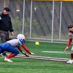 Juneau-Douglas High School: Yadaa.at Kalé softball first base senior Taiya Bentz waits for a throw against Sitka on Saturday at Adair-Kennedy Memorial Park during the Crimson Bears senior appreciation game. (Klas Stolpe / Juneau Empire)