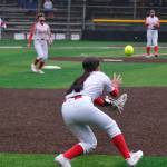 Juneau-Douglas High School: Yadaa.at Kalé softball senior center fielder Bryanna Eakes catches a fly ball against Sitka on Saturday at Adair-Kennedy Memorial Park during the Crimson Bears senior appreciation game. (Klas Stolpe / Juneau Empire)