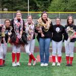 Juneau-Douglas High School: Yadaa.at Kalé and Sitka softball seniors pose for a photo Saturday at Adair-Kennedy Memorial Park during the Crimson Bears senior appreciation game. (Klas Stolpe / Juneau Empire)