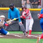 Juneau-Douglas High School: Yadaa.at Kalé softball senior Tatum Billings connects at the plate against Sitka on Saturday at Adair-Kennedy Memorial Park during the Crimson Bears senior appreciation game. (Klas Stolpe / Juneau Empire)