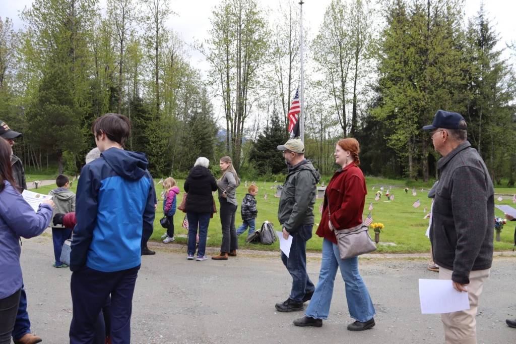 State Sen. Jesse Kiehl and Juneau Assembly member Ella Adkison arrive at the Juneau Memorial Day Service hosted by American Legion Auke Bay Post #25 at Alaskan Memorial Park on Monday, May 26, 2025. (Ellie Ruel / Juneau Empire)