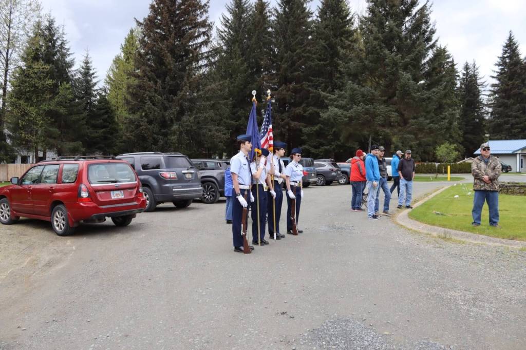 Members of Southeast Civil Air Patrol serve as the color guard before the Juneau Memorial Day Service hosted by American Legion Auke Bay Post #25 at Alaskan Memorial Park on Monday, May 26, 2025. (Ellie Ruel / Juneau Empire)
