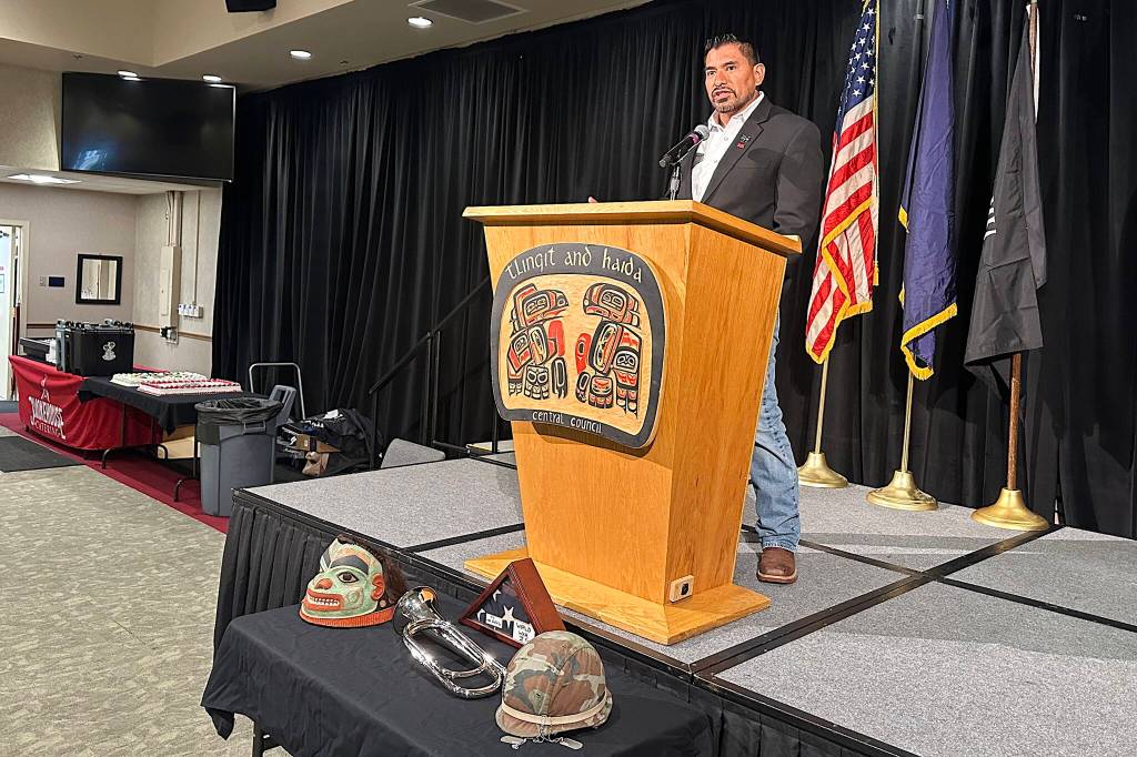 Pablo Sanchez, a retired U.S. Army chief warrant officer, delivers a keynote speech during the Southeast Alaska Native Veterans Memorial Day gathering at Elizabeth Peratrovich Hall on Monday, May 26, 2025. (Mark Sabbatini / Juneau Empire)