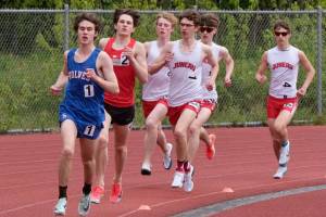 Athletes with a chance for state titles include 1,600-meter runners: Sitka senior Connor Hitchcock, Wrangell junior Boomchain Loucks and Juneau-Douglas High School: Yadaa.at Kalé seniors Ferguson Wheeler, Nick Iverson, Owen Woodruff and Sage Janes, shown in the combined 1,600-meters during the Region V Track & Field Championships at Juneau's Thunder Mountain Middle School on Saturday. (Klas Stolpe / Juneau Empire)