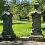 Two large monuments in Evergreen Cemetery marking the burial locations of early Juneau pioneer Emery Valentine and his wife Jennie are seen on Monday, May 19, 2025. (Laurie Craig / For the Juneau Empire)