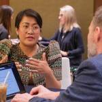 One teaching candidate on a call back wore a filipiniana while interviewing with Kodiak High School Assistant Principal Matt Bieber. (Brian Venua/KMXT)
