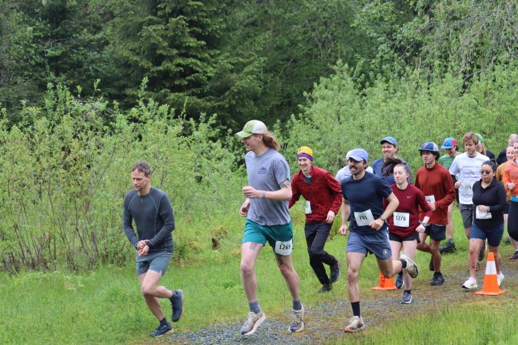 Runners at the starting line of the 2025 Spring Tide Scramble on Saturday, May 31, 2025. (Ellie Ruel / Juneau Empire)