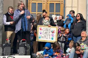 State Rep. Sara Hannan (D-Juneau) addresses childrens programs advocates during a rally on April 29, 2025, at the Alaska State Capitol. (Mark Sabbatini / Juneau Empire file photo)
