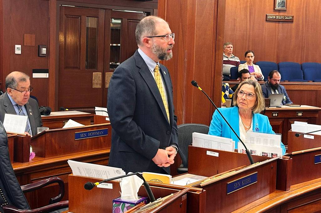 State Sen. Jesse Kiehl (D-Juneau) discusses a fisheries bill on the Senate floor on May 20, 2025. (Mark Sabbatini / Juneau Empire file photo)
