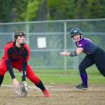 Juneau-Douglas High School: Yadaa.at Kalé senior Taiya Bentz readies for action at first base during the Crimson Bears 14-2 win over Lathrop on Friday during the Railbelt Conference Tournament in Fairbanks. (Photo courtesy JDHS softball)