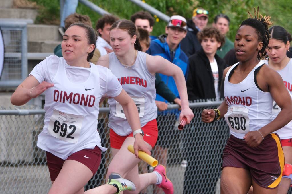 Juneau-Douglas High School: Yadaa.at Kalé freshman Addie Hartman runs in the girls 4x100 relay during the 2025 ASAA/First Bank Alaska State Track & Field Championships on Saturday at Anchorages Dimond High School. (Klas Stolpe / Juneau Empire)