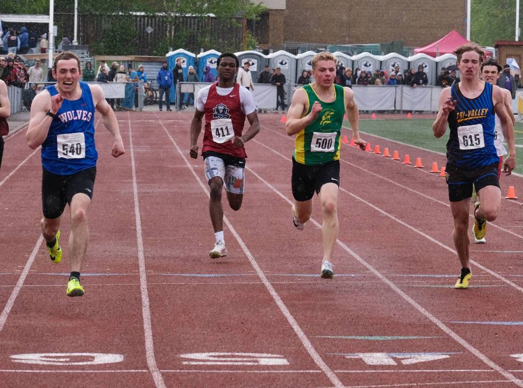 Sitka junior Calder Prussian wins the 200 meters over Mountain Christian junior Sahli Howard, Seward senior Ronan Bickling and Tri-Valley senior Cordell Randall during the 2025 ASAA/First Bank Alaska State Track & Field Championships on Saturday at Anchorages Dimond High School. (Klas Stolpe / Juneau Empire)
