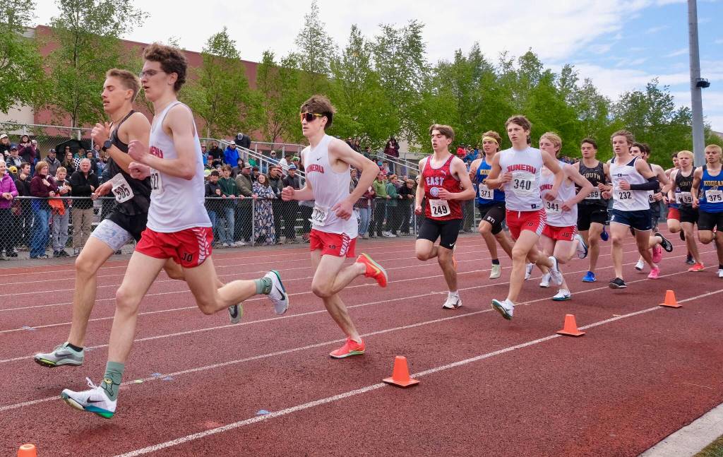 Juneau-Douglas High School: Yadaa.at Kalé seniors Nick Iverson, Sage Janes, Ferguson Wheeler and Owen Woodruff run in the 1,600 meters during the 2025 ASAA/First Bank Alaska State Track & Field Championships on Saturday at Anchorages Dimond High School. (Klas Stolpe / Juneau Empire)