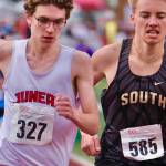 Juneau-Douglas High School: Yadaa.at Kalé senior Nick Iverson makes a move over South junior Vebjorn Flagstad in the 1,600 final during the 2025 ASAA/First Bank Alaska State Track & Field Championships on Saturday at Anchorages Dimond High School. (Klas Stolpe / Juneau Empire)