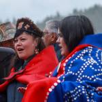 Amelia Wilson (left), vice mayor of Hoonah, dances at the ceremony on Friday, May 30, 2025. (Jasz Garrett / Juneau Empire)