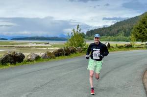 The author finishing the 2024 Seacoast Relay from UAS to the Eagle Beach State Park outer beach picnic shelter. (Photo courtesy The Marmoteers)