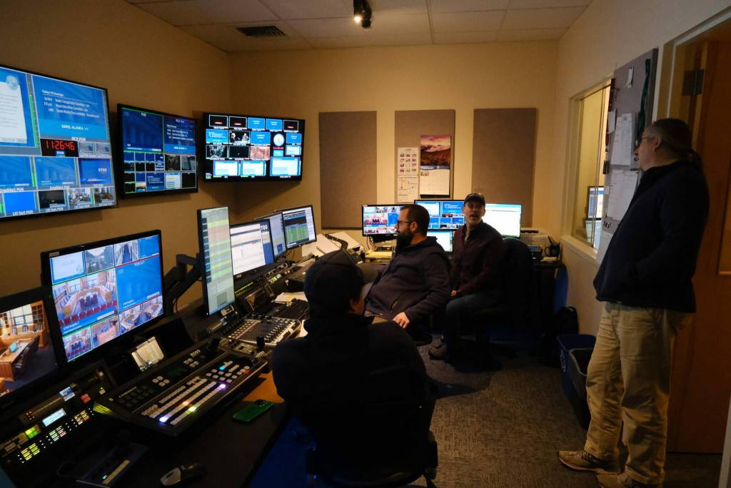 Part of the team of Gavel Alaska in the studio on February 13, 2025. (Corinne Smith/Alaska Beacon)