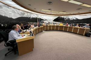 The Juneau Assembly and city administrative leaders hear public testimony during a meeting Monday, May 19, 2025, at City Hall. (Mark Sabbatini / Juneau Empire file photo)