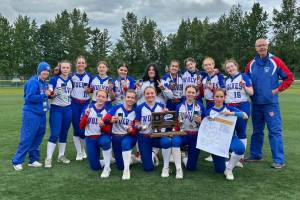 The Sitka Wolves softball team pose for a championship photo after defeating Soldotna 16-13 in the championship game Saturday of the 2025 ASAA/First National Bank Alaska DII Softball State Tournament at Anchorages Cartee Fields. (Photo courtesy Sitka Softball)