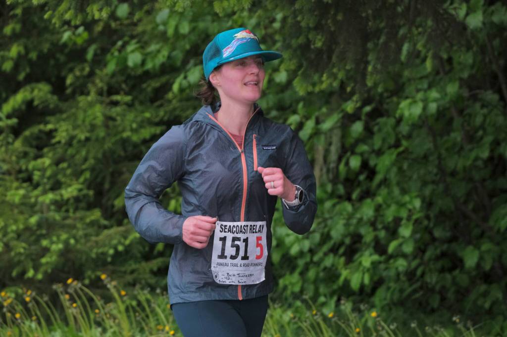 Britt Tonnessen of team Babes With Babies approaches the finish line of the Seacoast Relay at the Eagle Beach State Park outer beach picnic shelter on Sunday, June 8, 2025. (Klas Stolpe / Juneau Empire)