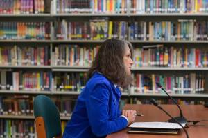 Kristin Bartlett, chief of staff for the Juneau School District, discusses the new cellphone policy on Tuesday, June 10, 2025. (Jasz Garrett / Juneau Empire)