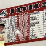 2025 Juneau-Douglas High School: Yadaa.at Kalé graduate Nick Iverson is shown next to his school record for the 800 meters on Wednesday at the JDHS auxiliary gym. (Photo courtesy Jesse Stringer)