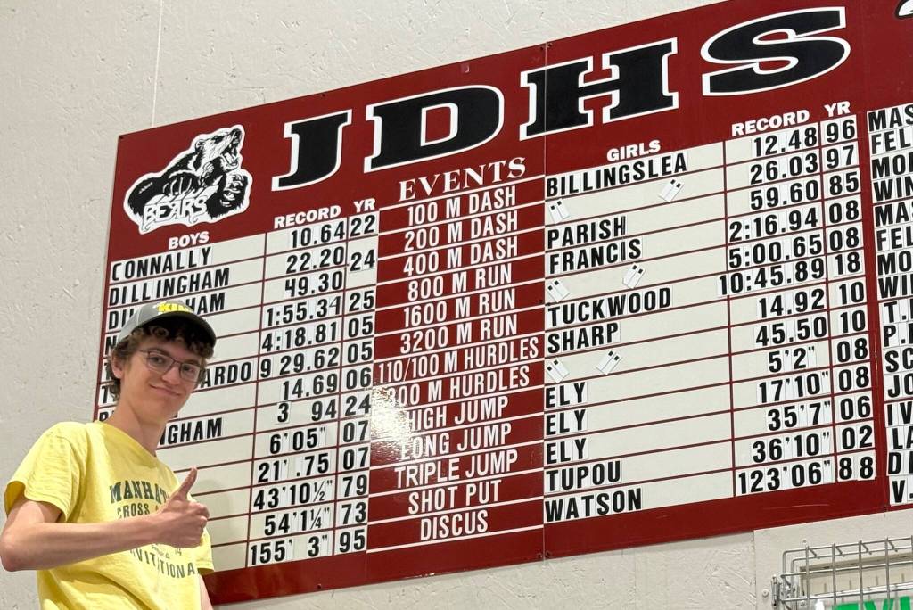 2025 Juneau-Douglas High School: Yadaa.at Kalé graduate Nick Iverson is shown next to his school record for the 800 meters on Wednesday at the JDHS auxiliary gym. (Photo courtesy Jesse Stringer)