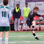 Kai Ciambor, a 2025 graduate of Juneau-Douglas High School: Yadaa.at Kalé, in action against Service during the ASAA Division I Soccer State Championships at Wasilla High School on May 29. Ciambor was selected the Gatorade Alaska Boys Soccer Player of the Year on Thursday. (Klas Stolpe / Juneau Empire)