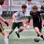 Kai Ciambor, a 2025 graduate of Juneau-Douglas High School: Yadaa.at Kalé, in action against Service during the ASAA Division I Soccer State Championships at Wasilla High School on May 29. Ciambor was selected the Gatorade Alaska Boys Soccer Player of the Year on Thursday. (Klas Stolpe / Juneau Empire)