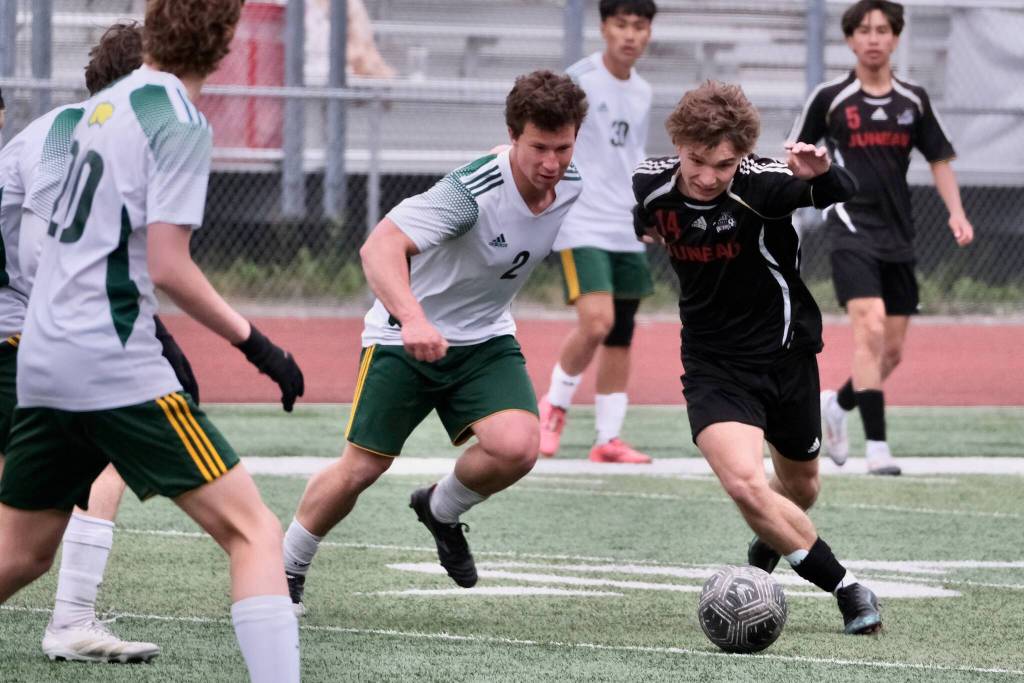 Kai Ciambor, a 2025 graduate of Juneau-Douglas High School: Yadaa.at Kalé, in action against Service during the ASAA Division I Soccer State Championships at Wasilla High School on May 29. Ciambor was selected the Gatorade Alaska Boys Soccer Player of the Year on Thursday. (Klas Stolpe / Juneau Empire)