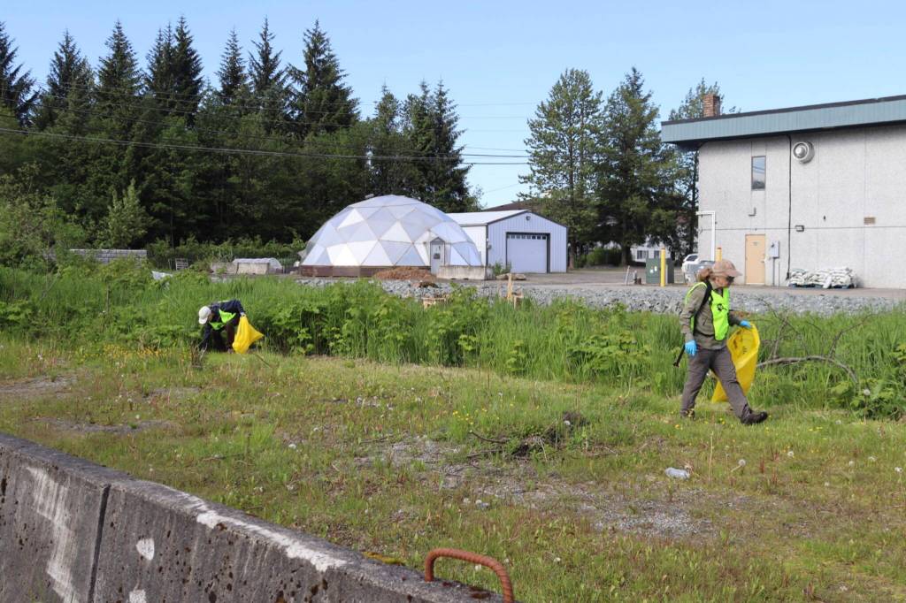 Volunteers clean up behind the JAMHI clinic on Jordan Avenue at JAMHIs Community Litter Pickup event on Saturday, June 14, 2025. (Ellie Ruel / Juneau Empire)