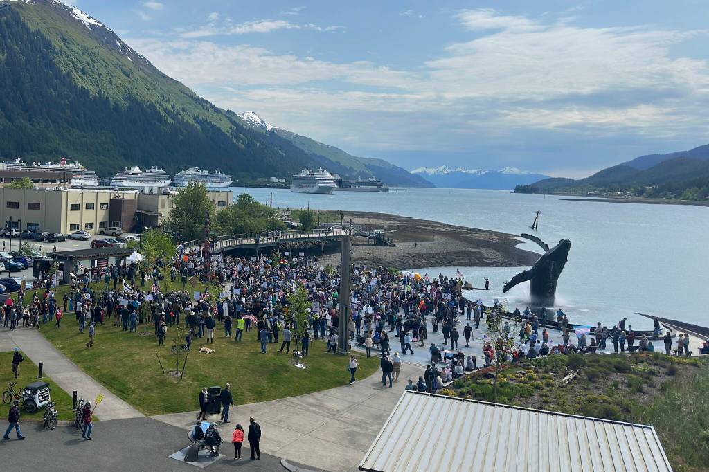 More than 1,000 people take part in a No Kings protest Saturday, June 14, 2025, at Overstreet Park. (Mark Sabbatini / Juneau Empire)
