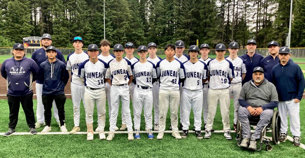 Juneaus 2025 Auke Bay Post 25 team pose for a photo on Saturday. From left are coaches Jack Schmidt, Richie Hayes, Kai Schmidt, players Kasen Ludeman, Lamar Blatnick, Keaton Belcourt, Micah Nelson, Hunter Carte, Christian Brown, Cayman Huff, JJ McCormick, Christian Nelson, Jacob Katasse, Brenner Harralston, Nils Nelson, Noah Lewis and coaches Jake Carte, Joe Tompkins, Jeremy Ludeman and Larry Blatnick. Not pictured are players Madden Mendoza, Marcus Mendoza, Drew Cadigan-McAdoo and Aaron Lazo-Chappell (Klas Stolpe / Juneau Empire)