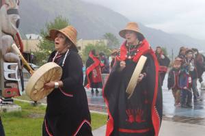 Members of the Yées Ḵu.oo Dance Group perform at the Cancer Survivors Day walk on Sunday, June 8, 2025, at Overstreet Park. (Ellie Ruel / Juneau Empire file photo)